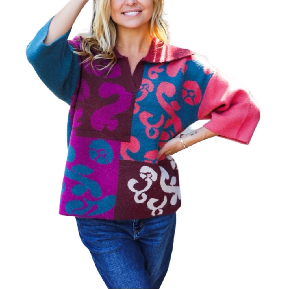 NEW ENTRO FEELING YOUR BEST WINE ABSTRACT PRINT COLOR BLOCK V NECK SWEATER - Picture 2 of 7